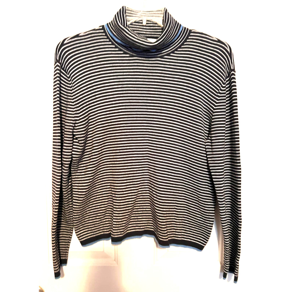 Evan Picone Women's Black White Striped Cowl Neck Blue Trim Size XL 23" x 21"